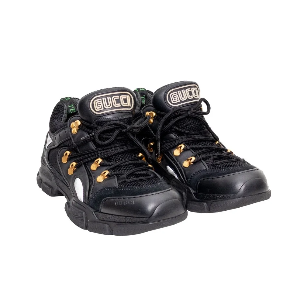 Gucci Flashtrek Chunky Sneakers Black Gold Mesh Leather Low Top Shoes (8.5 US)